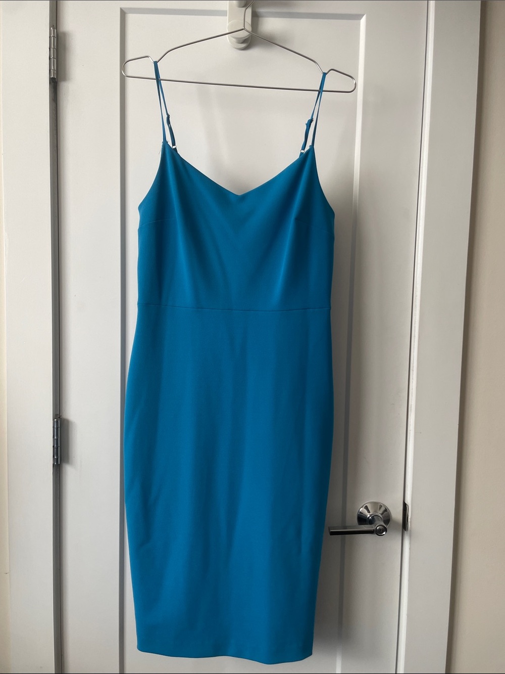 1. State Bright Teal Blue Slip Midi Dress with V-Neck and Spaghetti Straps